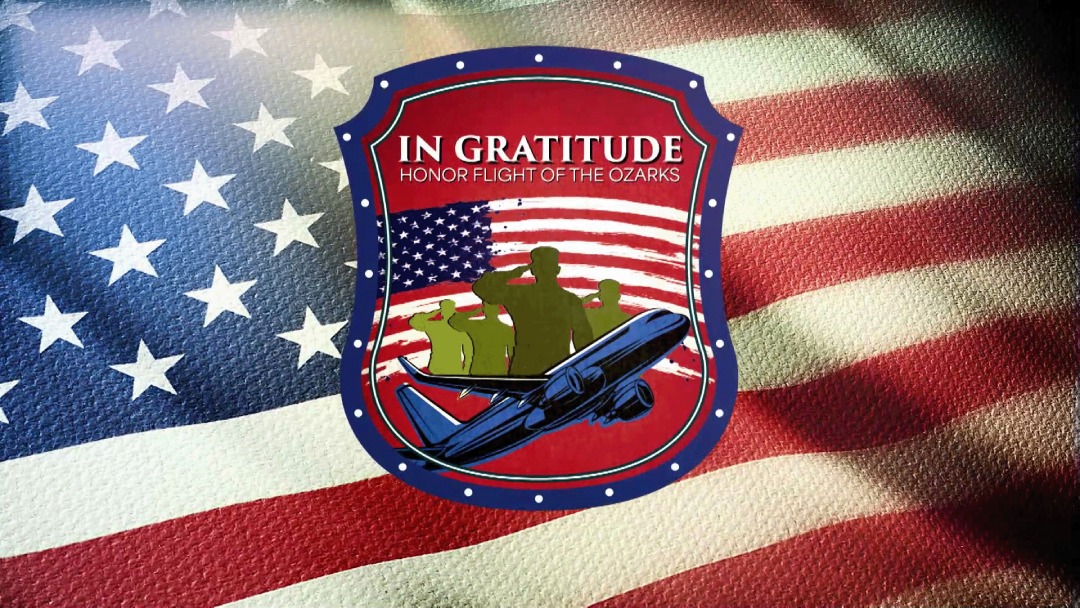 'In Gratitude' Honor Flight of the Ozarks badge over American Flag